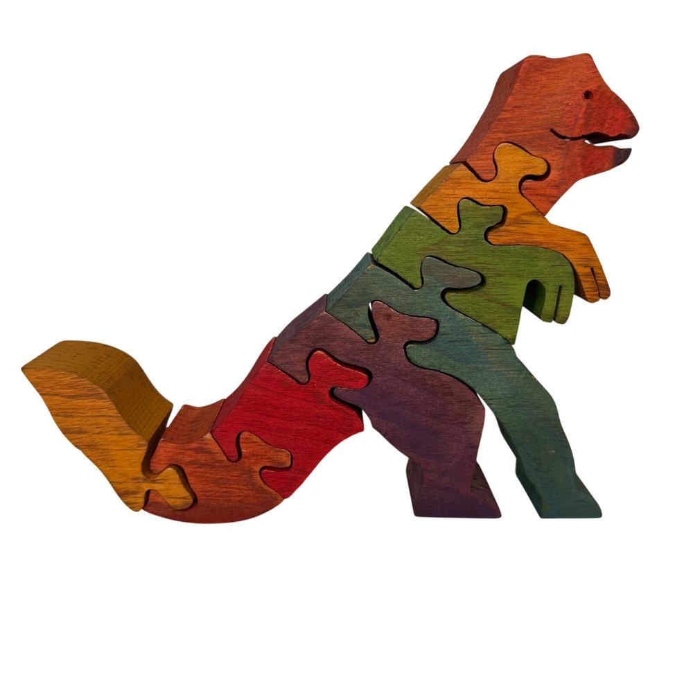 VTG 1987 Signed Montessori Handcrafted Wooden Rainbow Dinosaur TRex Puzzle Decor
